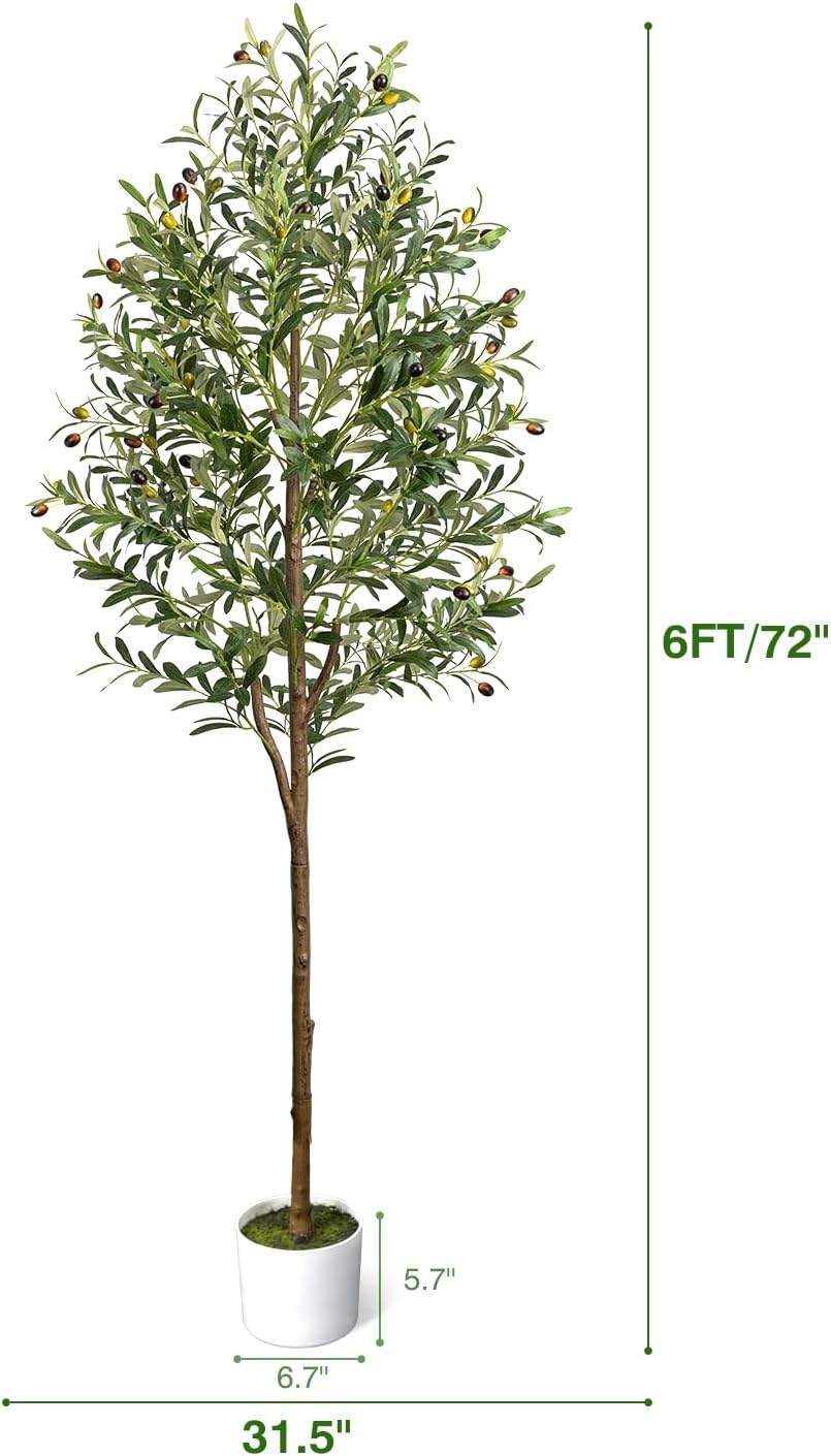 6FT Artificial Olive Tree Indoor Tall Faux with Planter&Basket | Large Fake Olive Silk Trees Realistic Olive Plants with Branches and Fruits for Home Decor Office Living Room