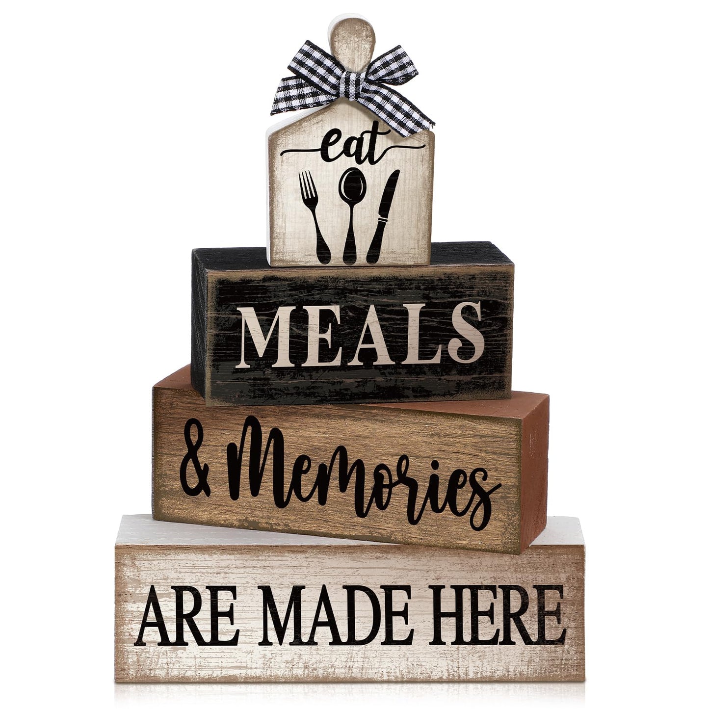 Moucuny 4 Pcs Farmhouse Kitchen Decor Wooden Plate Farmhouse Table Decor | Black Brown and White Plate Tableware Centerpiece, Rustic Plates Block Sign, Display Cabinet Kitchen Decoration