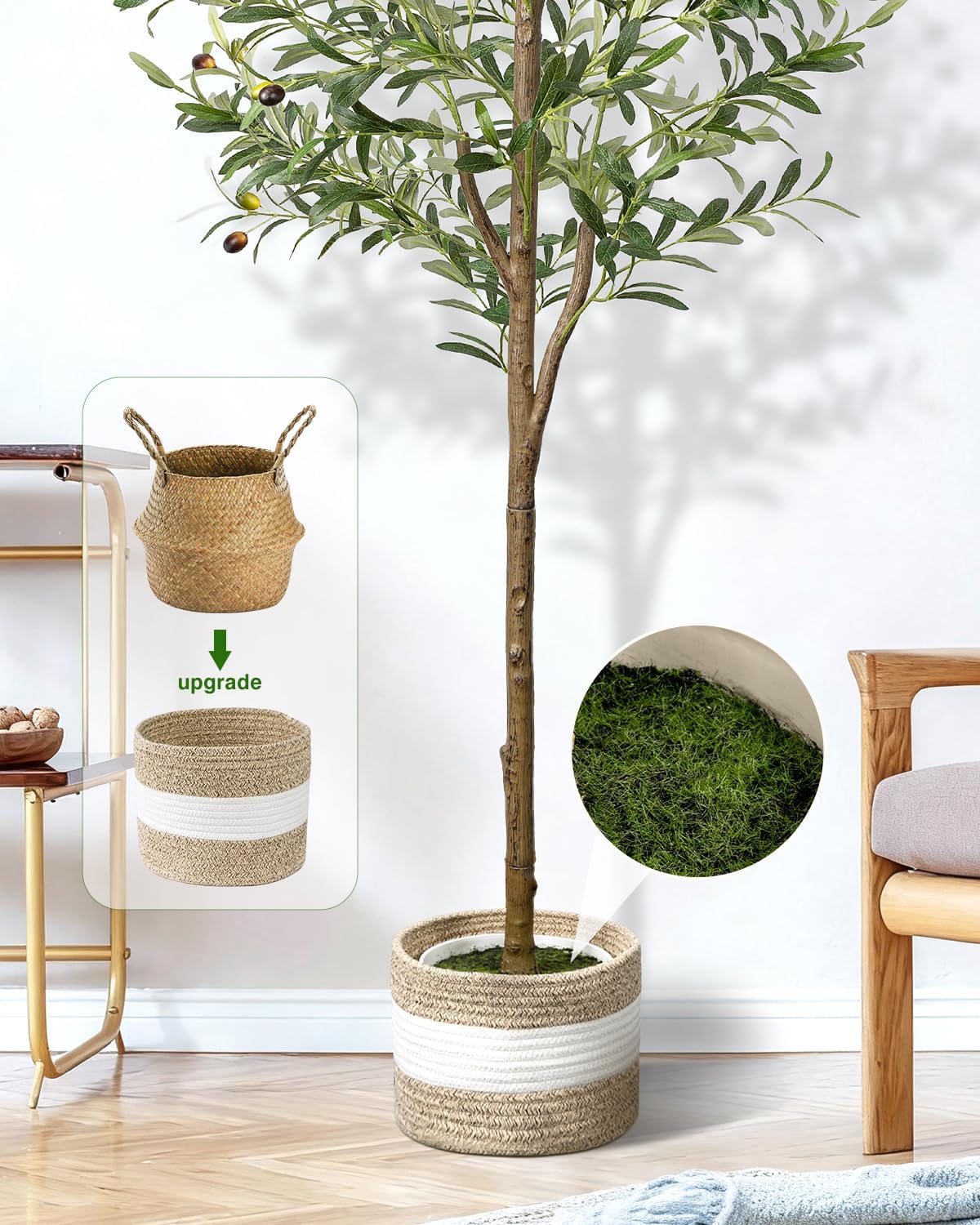 6FT Artificial Olive Tree Indoor Tall Faux with Planter&Basket | Large Fake Olive Silk Trees Realistic Olive Plants with Branches and Fruits for Home Decor Office Living Room