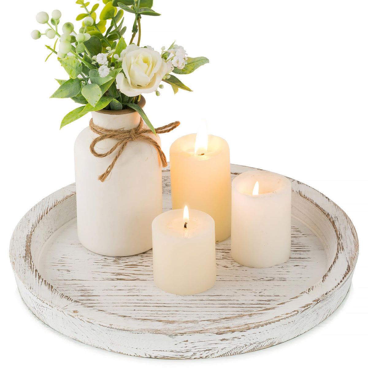 Hanobe Round Wooden Candle Holder Trays for Coffee Table, Distressed Finish | 11.2" Rustic Decorative Candlestick Plates for Kitchen Centerpiece, Farmhouse Living Room Fall Decor