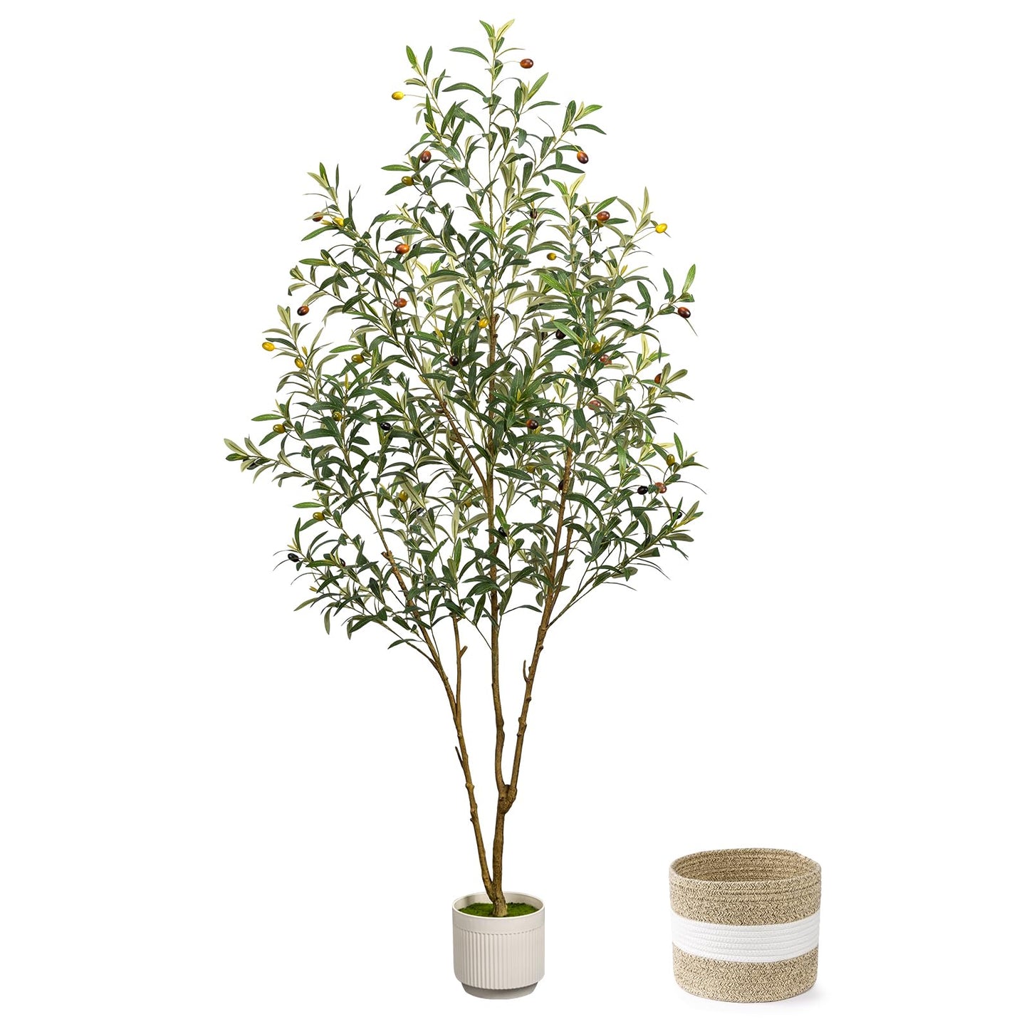 6FT Artificial Olive Tree Indoor Tall Faux with Planter&Basket | Large Fake Olive Silk Trees Realistic Olive Plants with Branches and Fruits for Home Decor Office Living Room