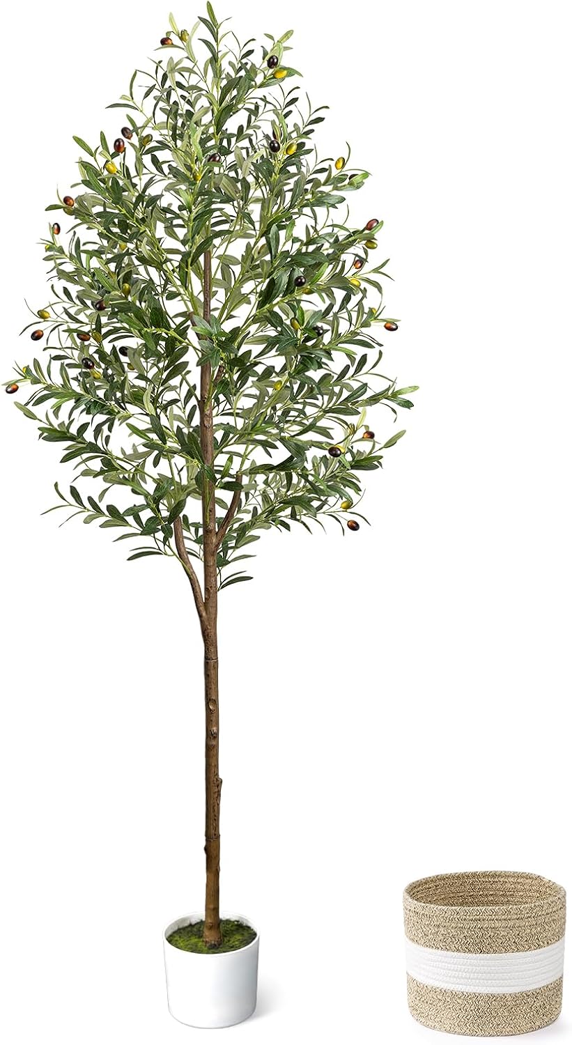 6FT Artificial Olive Tree Indoor Tall Faux with Planter&Basket | Large Fake Olive Silk Trees Realistic Olive Plants with Branches and Fruits for Home Decor Office Living Room