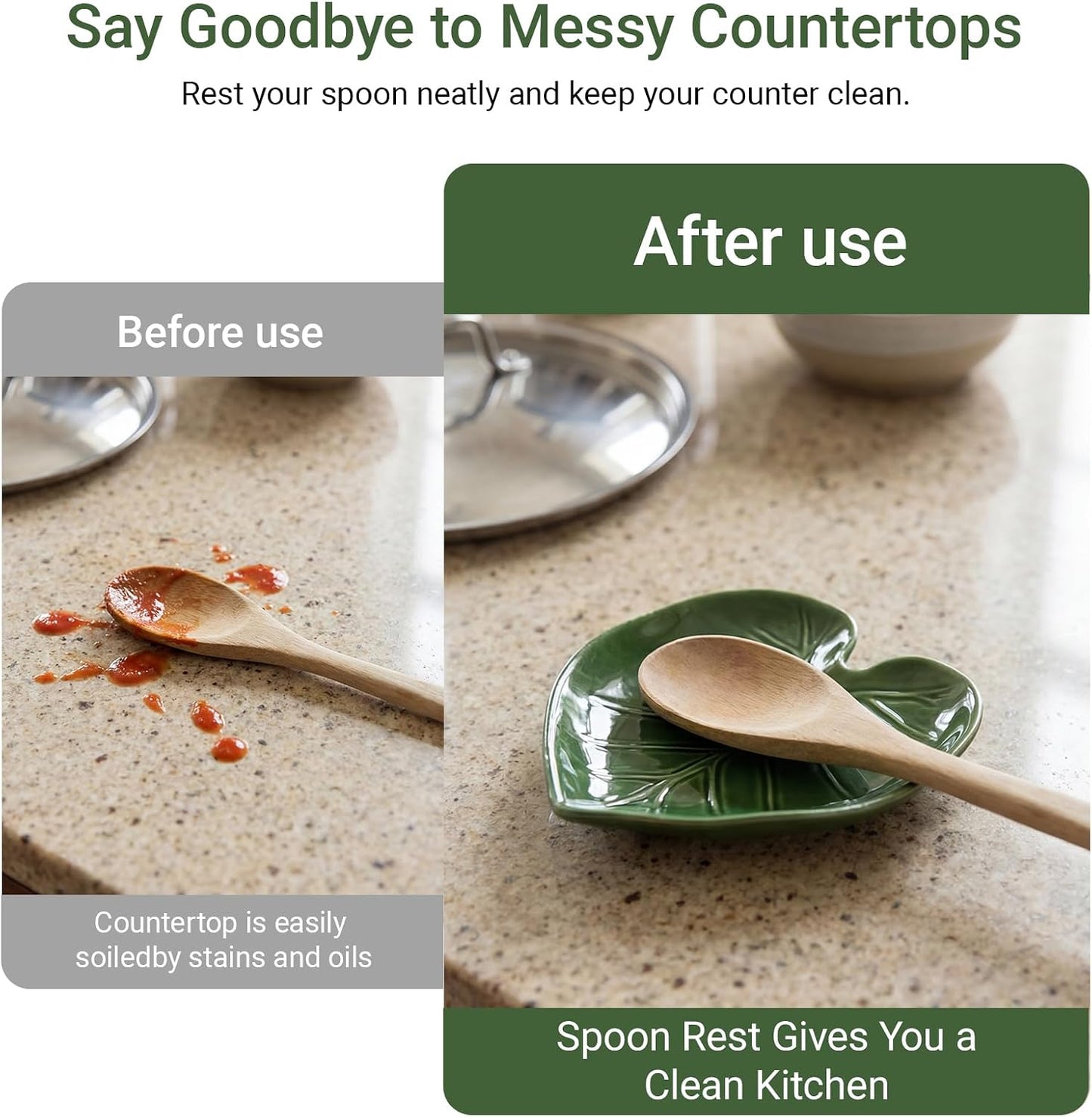 Cute Leaf Ceramic Spoon Rest for Stove Top and Kitchen Counter | Keeps Counters Clean • Green Kitchen Decor • Leaf Design • Kitchen Decor Gift