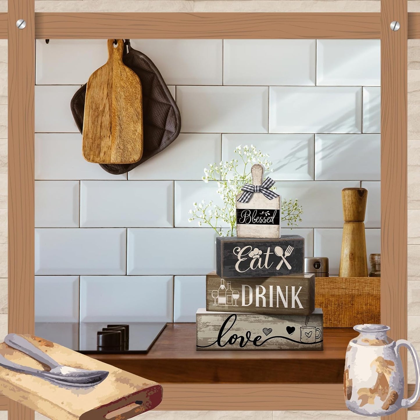 Moucuny 4 Pcs Farmhouse Kitchen Decor Wooden Plate Farmhouse Table Decor | Black Brown and White Plate Tableware Centerpiece, Rustic Plates Block Sign, Display Cabinet Kitchen Decoration