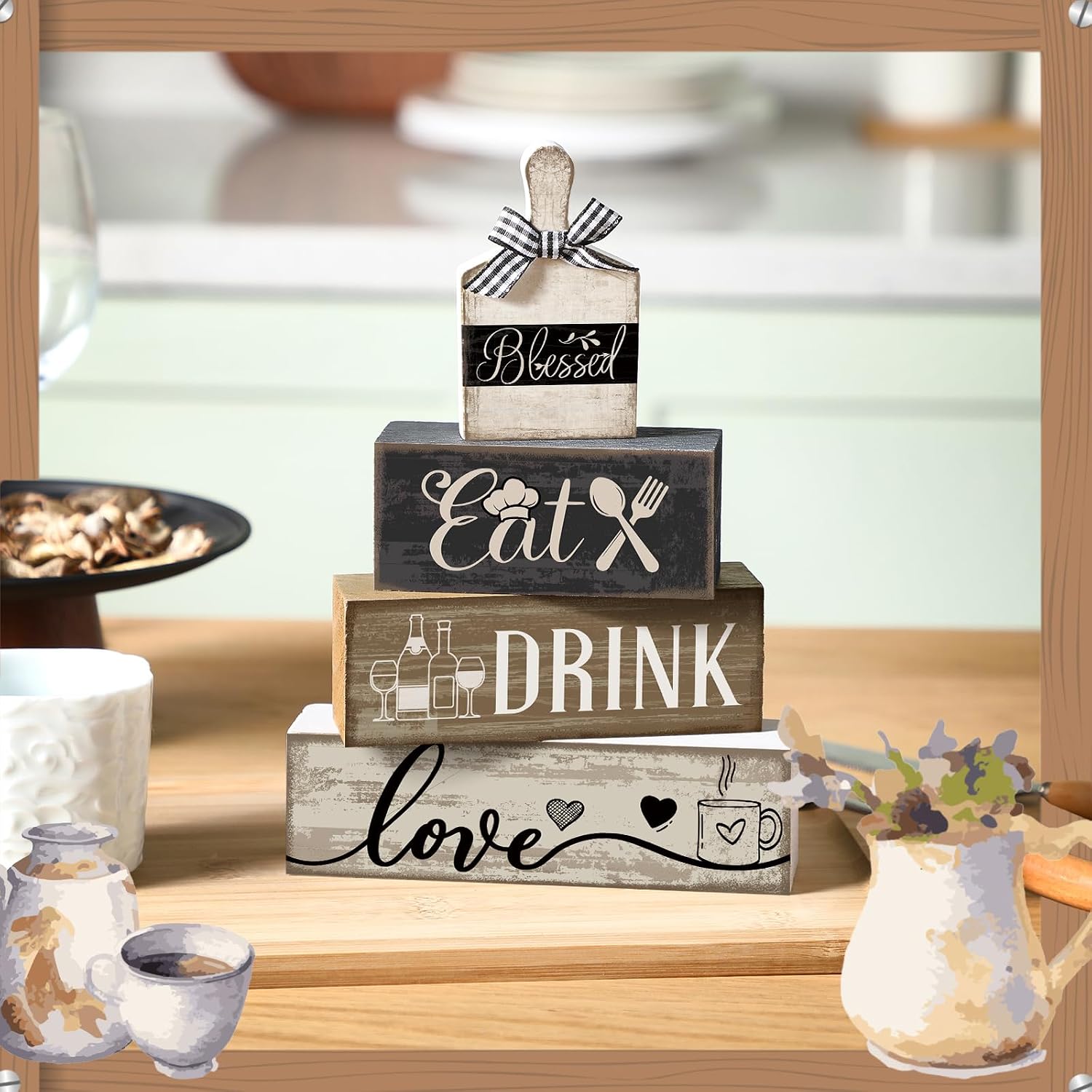Moucuny 4 Pcs Farmhouse Kitchen Decor Wooden Plate Farmhouse Table Decor | Black Brown and White Plate Tableware Centerpiece, Rustic Plates Block Sign, Display Cabinet Kitchen Decoration