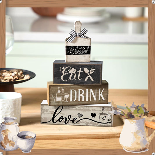 Moucuny 4 Pcs Farmhouse Kitchen Decor Wooden Plate Farmhouse Table Decor | Black Brown and White Plate Tableware Centerpiece, Rustic Plates Block Sign, Display Cabinet Kitchen Decoration