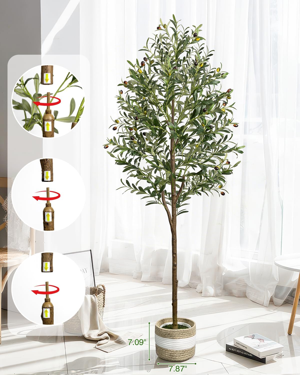 6FT Artificial Olive Tree Indoor Tall Faux with Planter&Basket | Large Fake Olive Silk Trees Realistic Olive Plants with Branches and Fruits for Home Decor Office Living Room