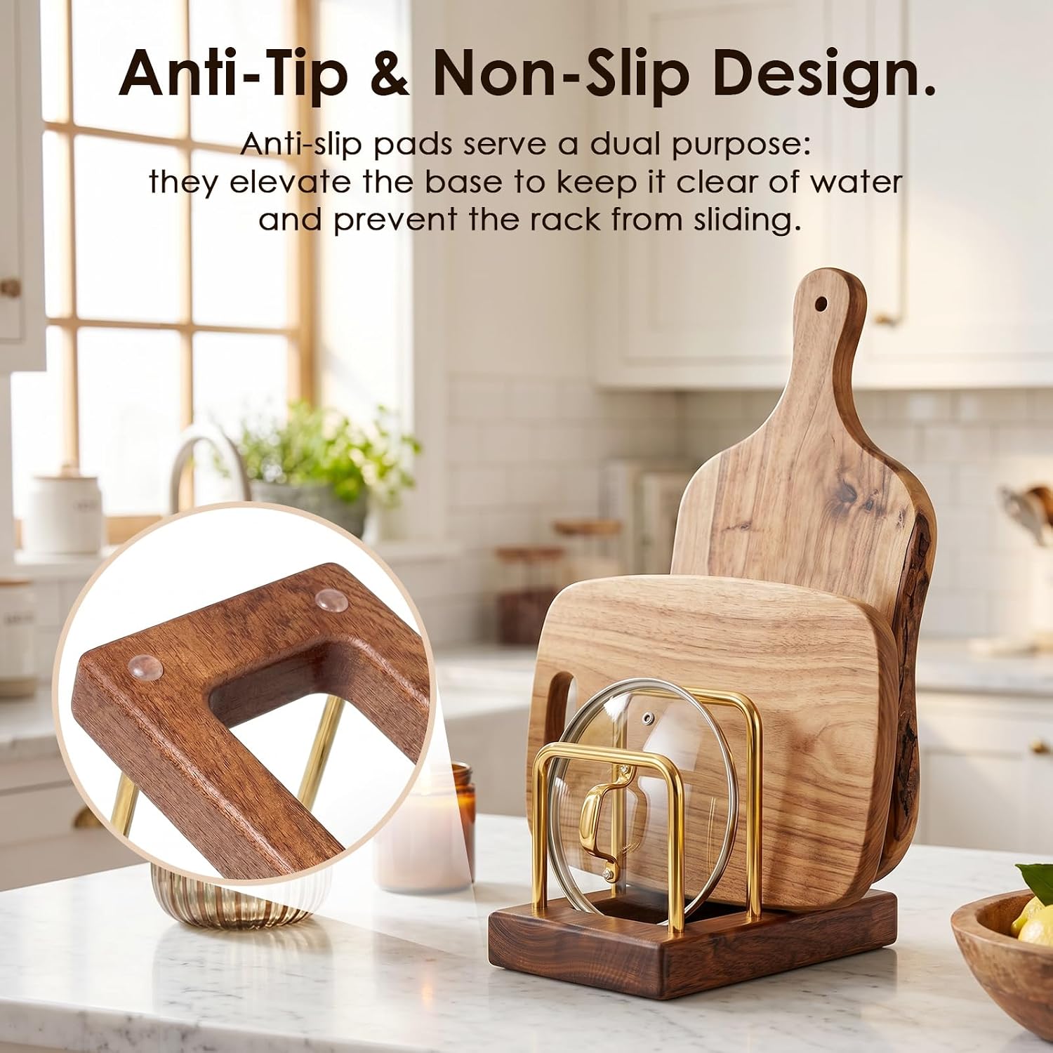 2 Pack Cutting Board Holder with Hardwood Base,Stand for Pot Lids | Heavy Duty Chopping Boards and Baking Sheets,Small Organization Dish Rack for Countertop