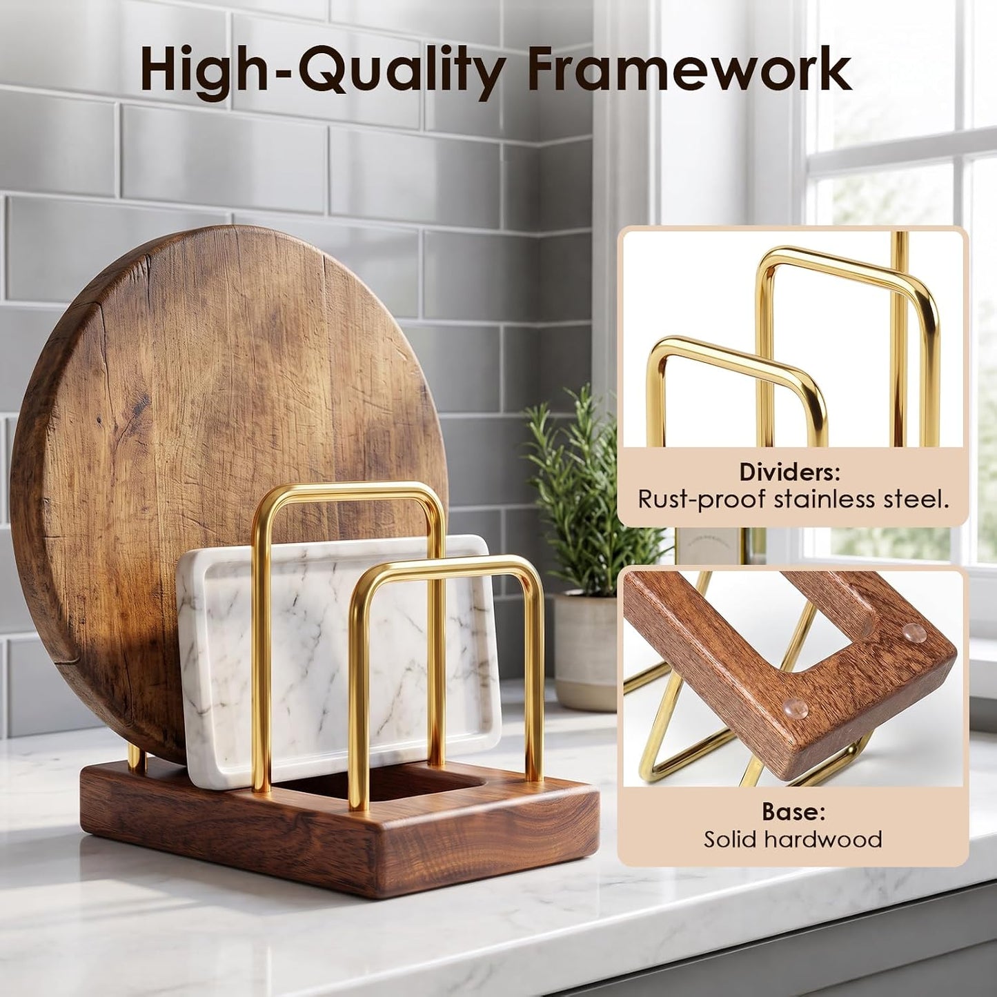 2 Pack Cutting Board Holder with Hardwood Base,Stand for Pot Lids | Heavy Duty Chopping Boards and Baking Sheets,Small Organization Dish Rack for Countertop