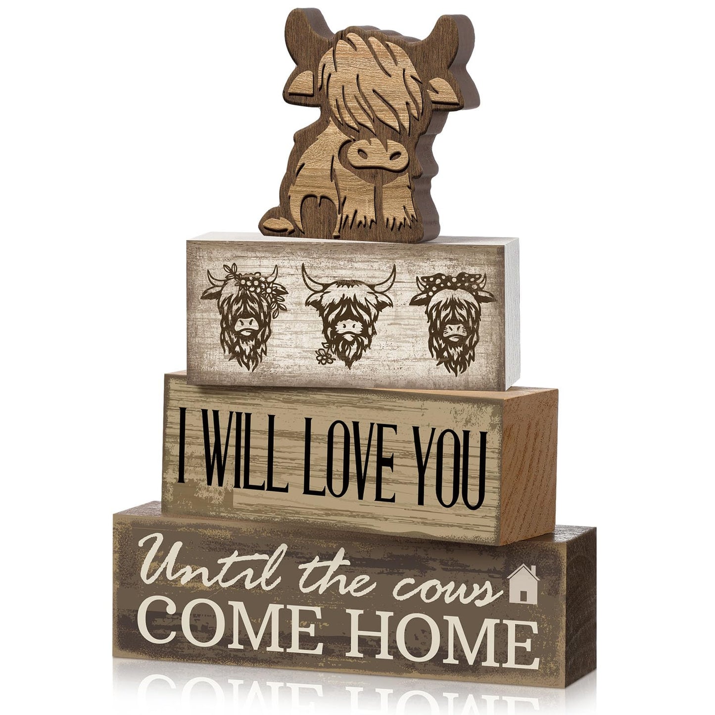 Moucuny 4 Pcs Farmhouse Kitchen Decor Wooden Plate Farmhouse Table Decor | Black Brown and White Plate Tableware Centerpiece, Rustic Plates Block Sign, Display Cabinet Kitchen Decoration