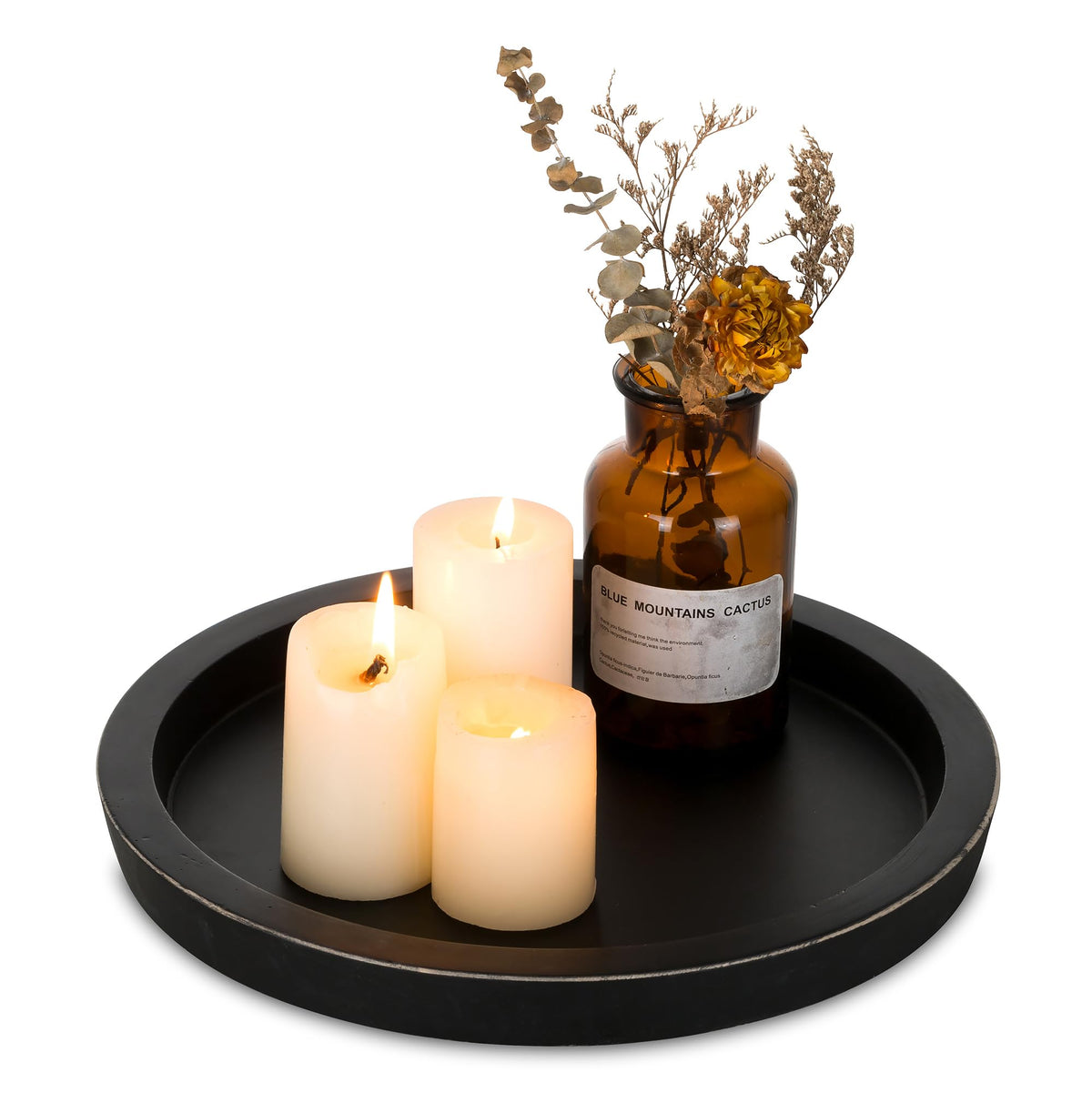Hanobe Round Wooden Candle Holder Trays for Coffee Table, Distressed Finish | 11.2" Rustic Decorative Candlestick Plates for Kitchen Centerpiece, Farmhouse Living Room Fall Decor