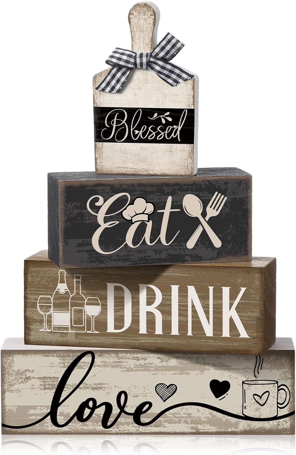 Moucuny 4 Pcs Farmhouse Kitchen Decor Wooden Plate Farmhouse Table Decor | Black Brown and White Plate Tableware Centerpiece, Rustic Plates Block Sign, Display Cabinet Kitchen Decoration