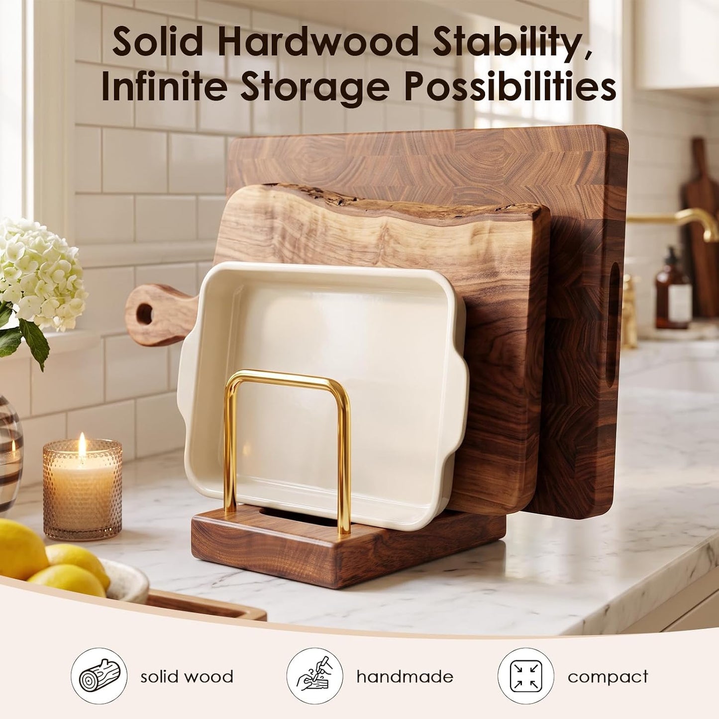 2 Pack Cutting Board Holder with Hardwood Base,Stand for Pot Lids | Heavy Duty Chopping Boards and Baking Sheets,Small Organization Dish Rack for Countertop