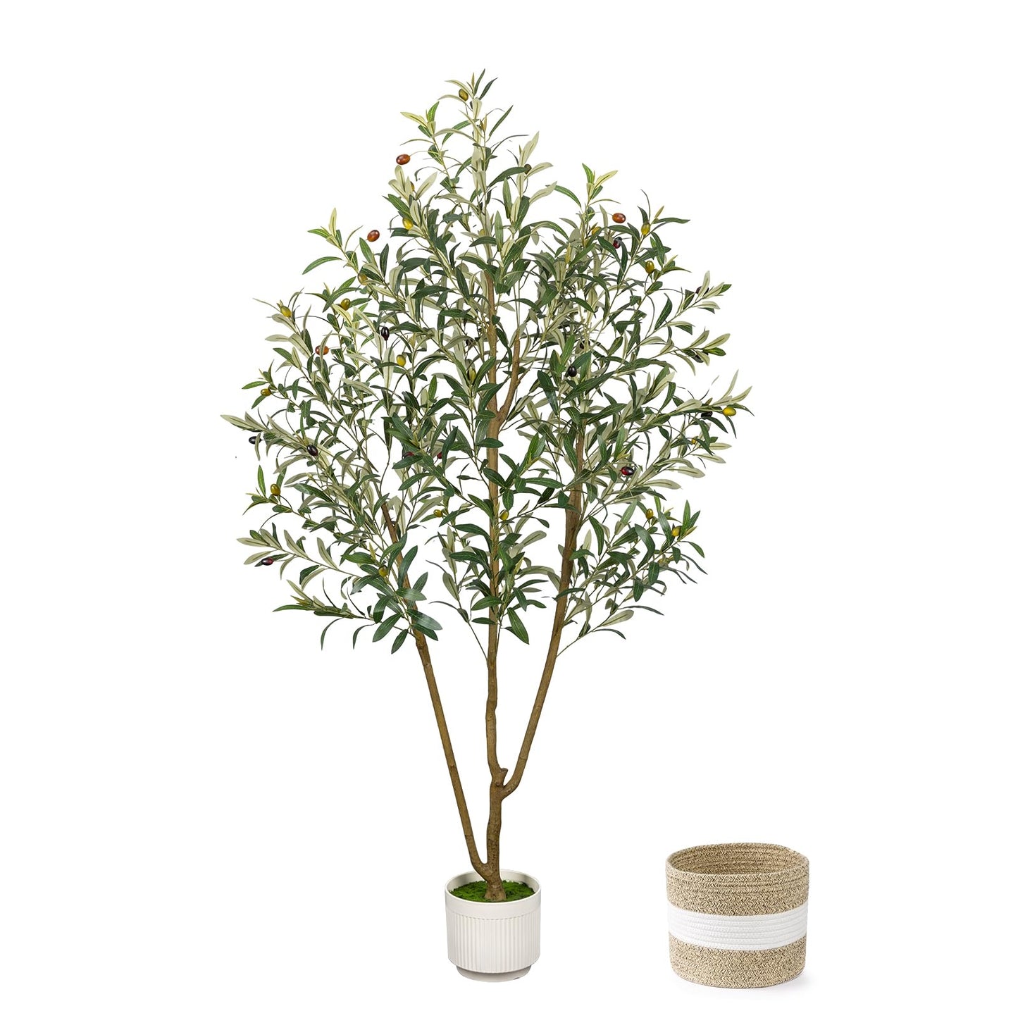 6FT Artificial Olive Tree Indoor Tall Faux with Planter&Basket | Large Fake Olive Silk Trees Realistic Olive Plants with Branches and Fruits for Home Decor Office Living Room