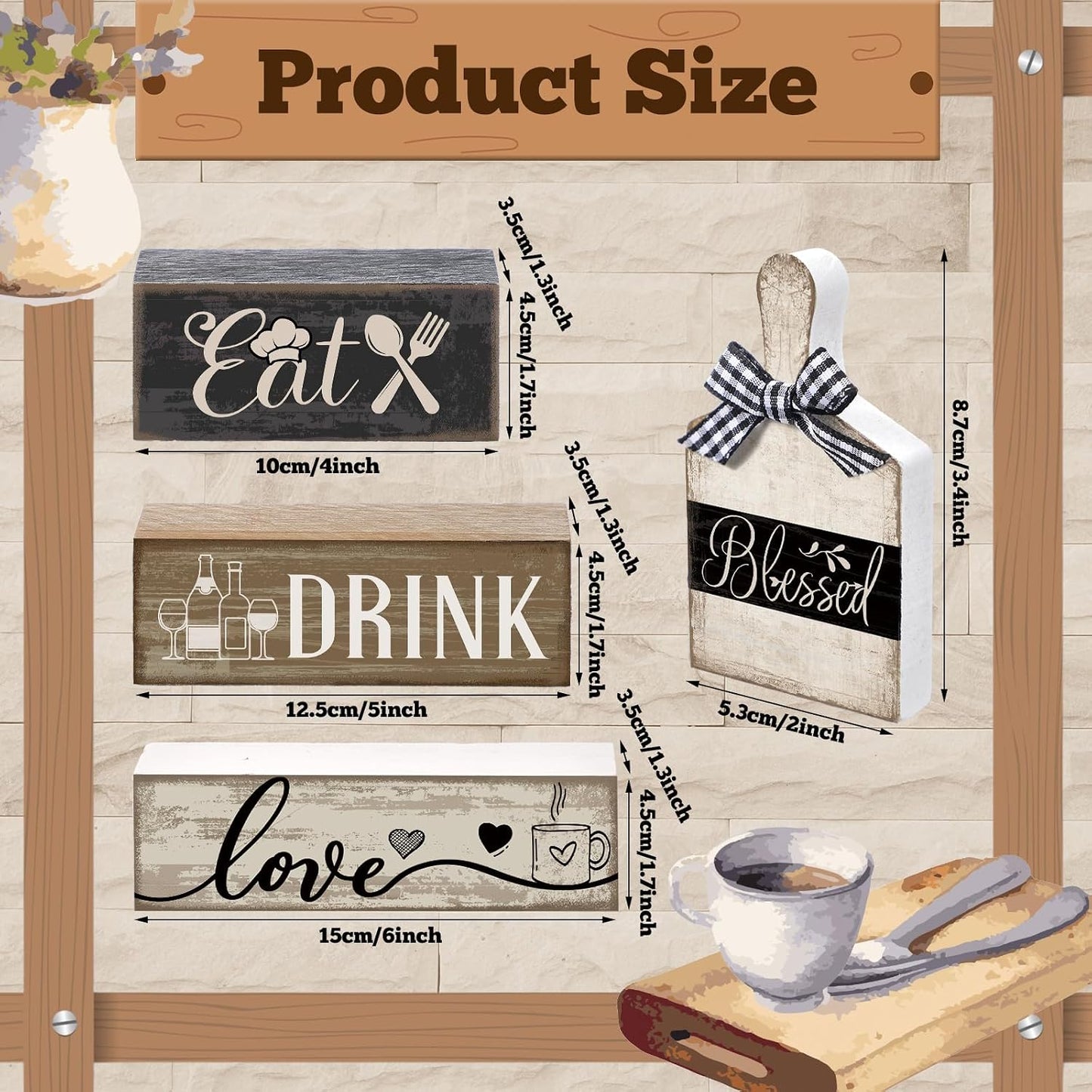 Moucuny 4 Pcs Farmhouse Kitchen Decor Wooden Plate Farmhouse Table Decor | Black Brown and White Plate Tableware Centerpiece, Rustic Plates Block Sign, Display Cabinet Kitchen Decoration