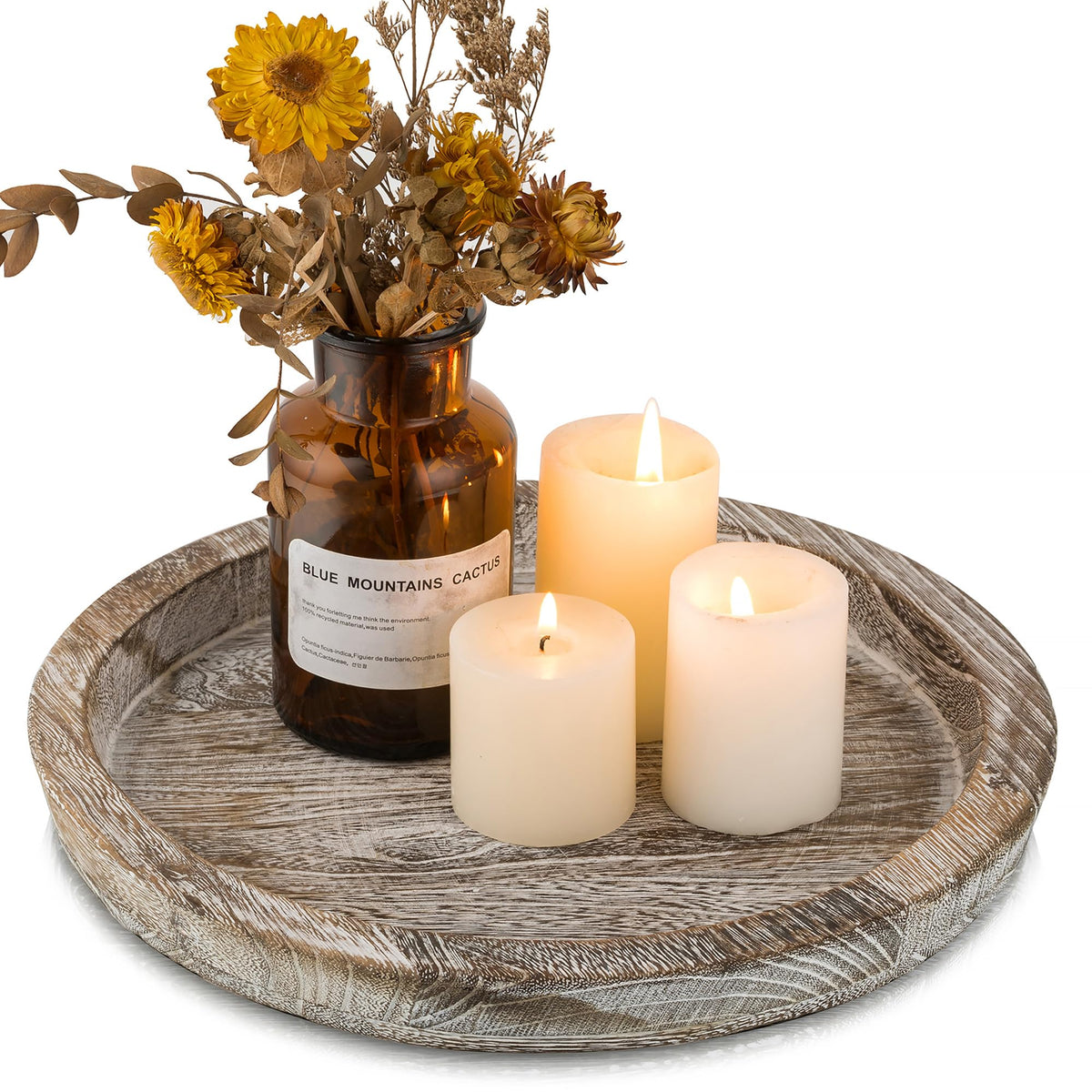 Hanobe Round Wooden Candle Holder Trays for Coffee Table, Distressed Finish | 11.2" Rustic Decorative Candlestick Plates for Kitchen Centerpiece, Farmhouse Living Room Fall Decor