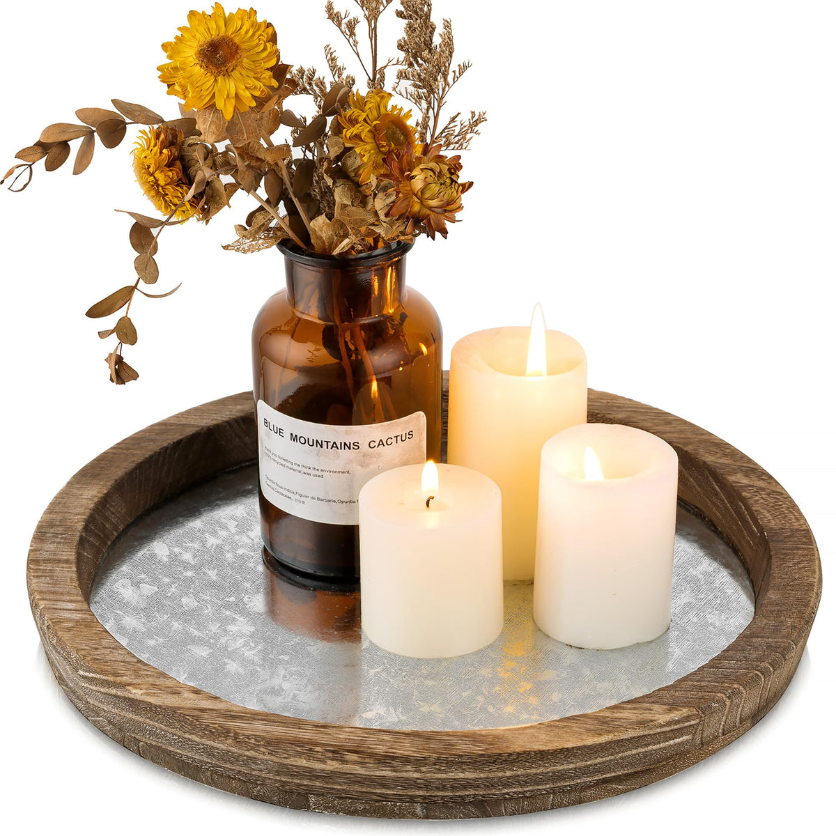 Hanobe Round Wooden Candle Holder Trays for Coffee Table, Distressed Finish | 11.2" Rustic Decorative Candlestick Plates for Kitchen Centerpiece, Farmhouse Living Room Fall Decor
