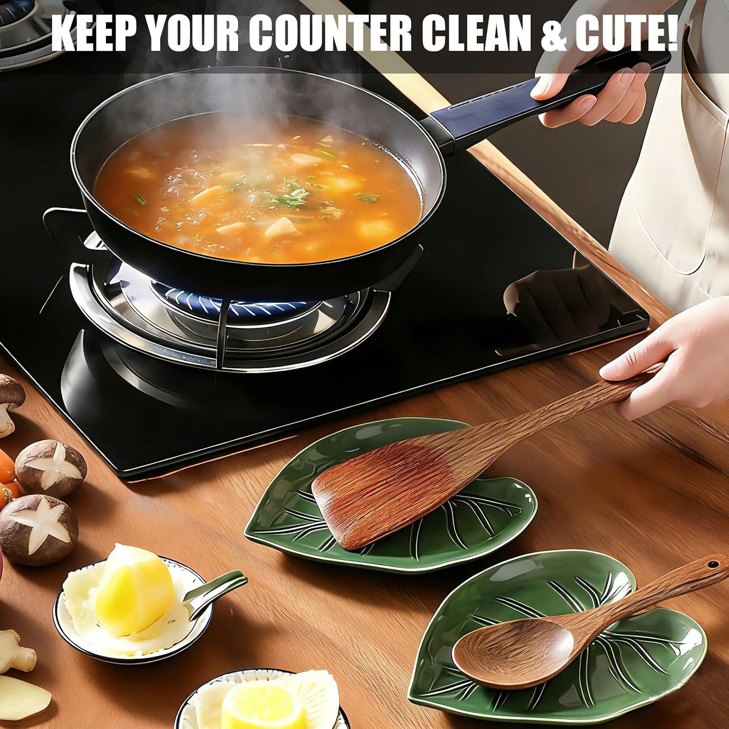 Cute Leaf Ceramic Spoon Rest for Stove Top and Kitchen Counter | Keeps Counters Clean • Green Kitchen Decor • Leaf Design • Kitchen Decor Gift