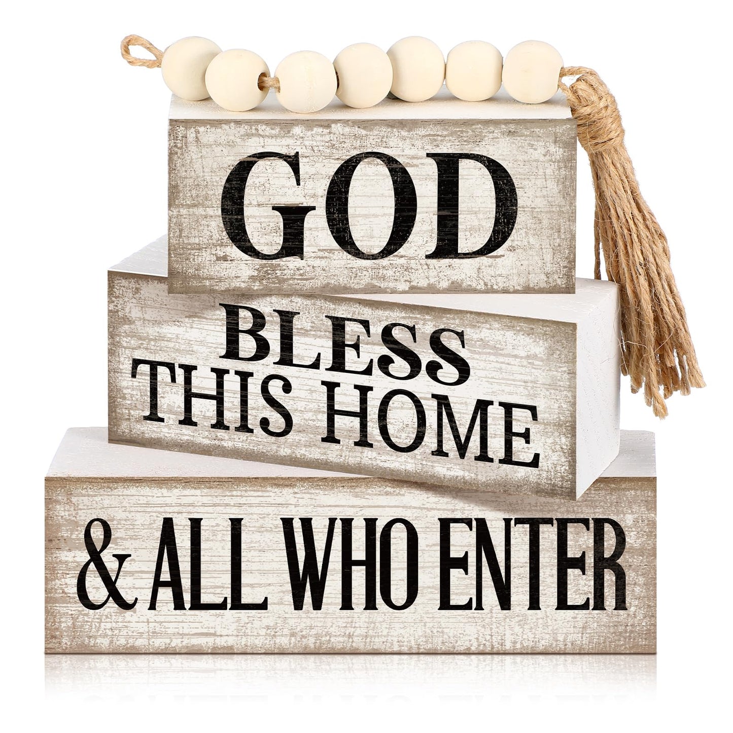 Moucuny 4 Pcs Farmhouse Kitchen Decor Wooden Plate Farmhouse Table Decor | Black Brown and White Plate Tableware Centerpiece, Rustic Plates Block Sign, Display Cabinet Kitchen Decoration