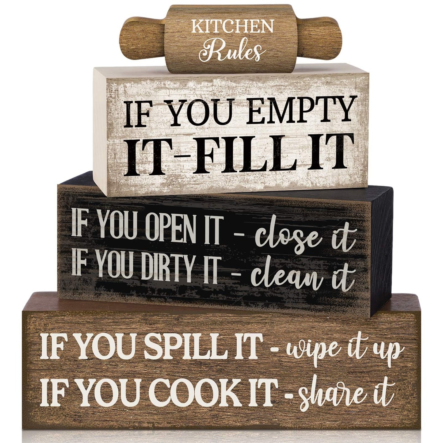 Moucuny 4 Pcs Farmhouse Kitchen Decor Wooden Plate Farmhouse Table Decor | Black Brown and White Plate Tableware Centerpiece, Rustic Plates Block Sign, Display Cabinet Kitchen Decoration