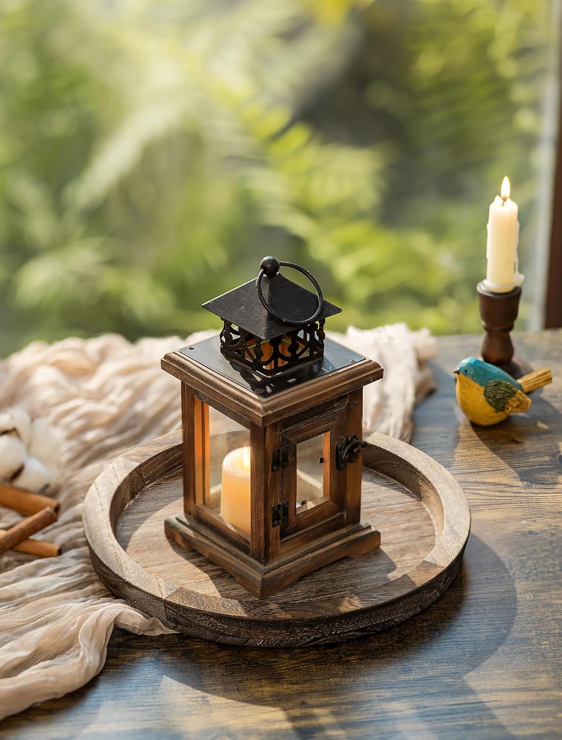 Hanobe Round Wooden Candle Holder Trays for Coffee Table, Distressed Finish | 11.2" Rustic Decorative Candlestick Plates for Kitchen Centerpiece, Farmhouse Living Room Fall Decor