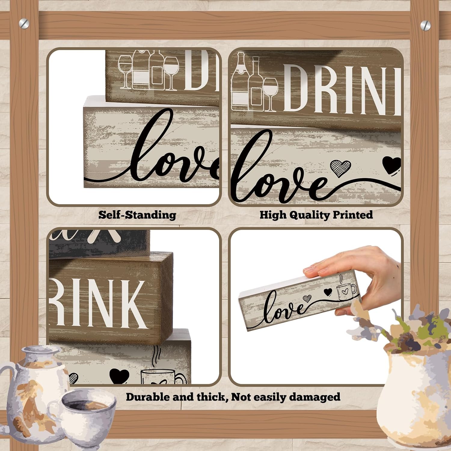 Moucuny 4 Pcs Farmhouse Kitchen Decor Wooden Plate Farmhouse Table Decor | Black Brown and White Plate Tableware Centerpiece, Rustic Plates Block Sign, Display Cabinet Kitchen Decoration
