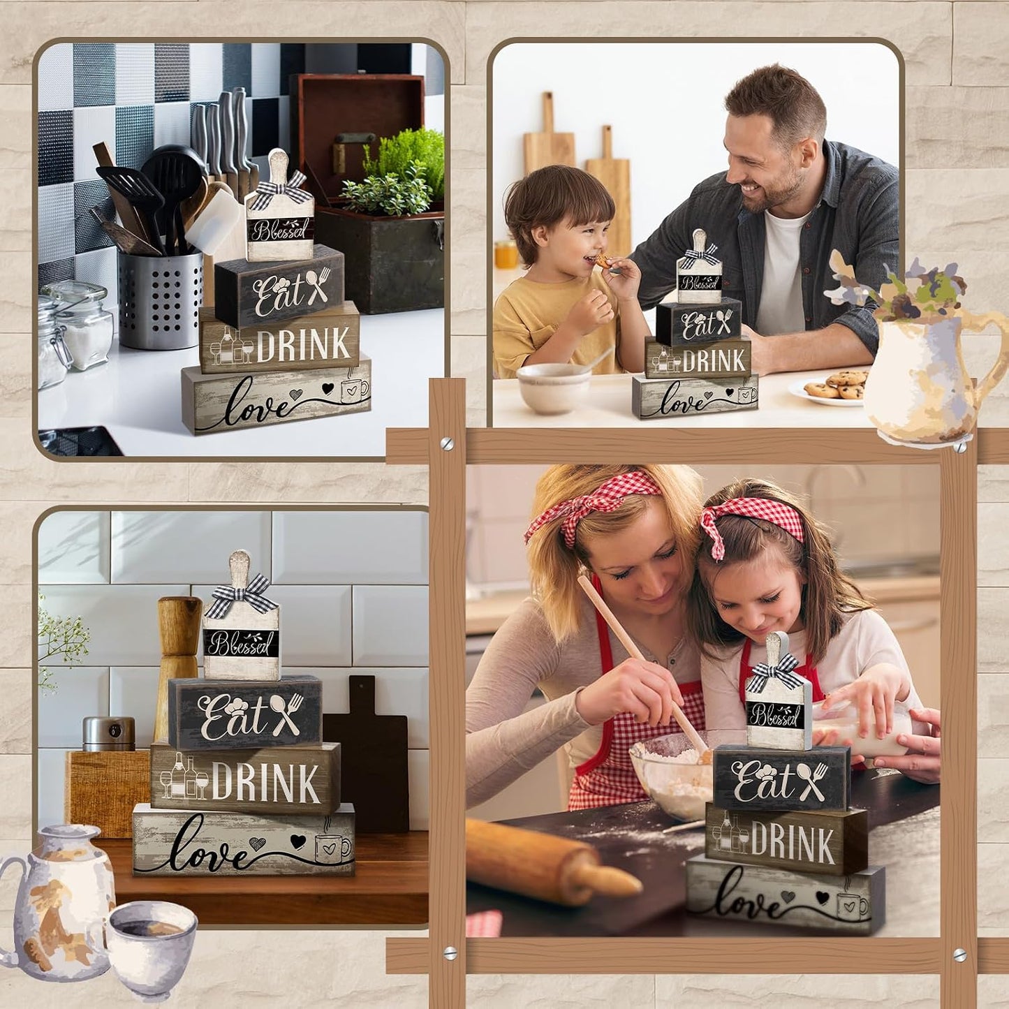 Moucuny 4 Pcs Farmhouse Kitchen Decor Wooden Plate Farmhouse Table Decor | Black Brown and White Plate Tableware Centerpiece, Rustic Plates Block Sign, Display Cabinet Kitchen Decoration